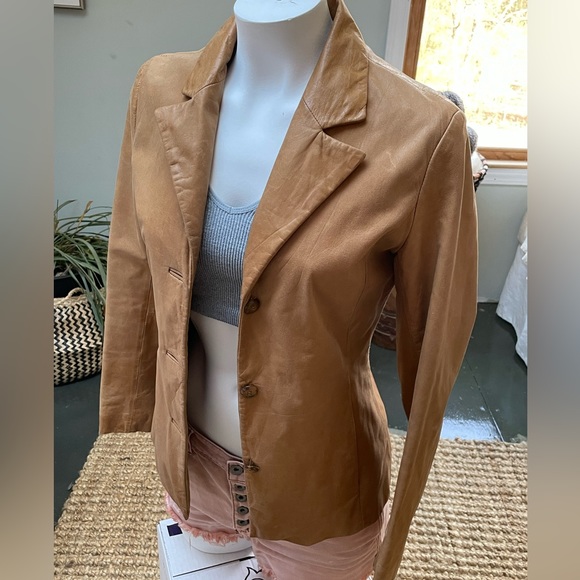 Vintage Soft Camel Tan Leather Collar Jacket size Small - Picture 3 of 11